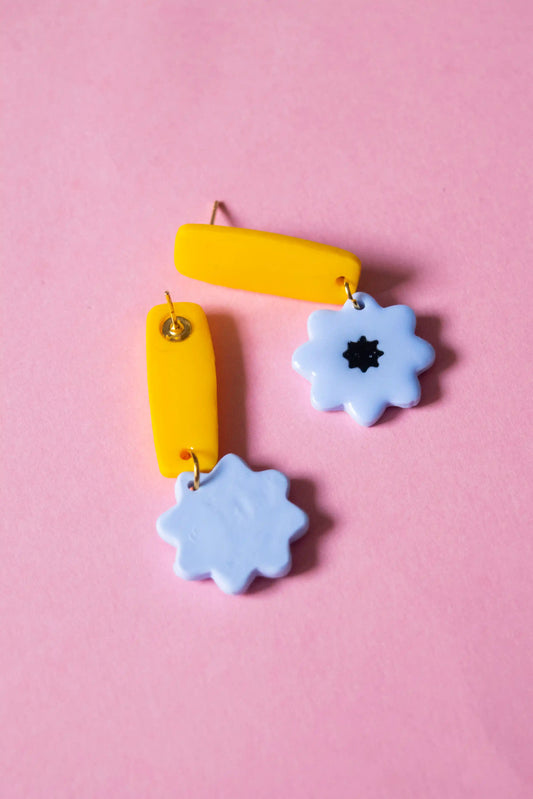 pendientes flor tira azul-amarillo
