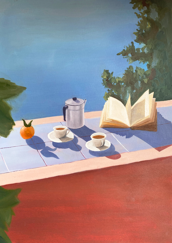 Print balcón con café — ilustración original Ceruleo Barcelona