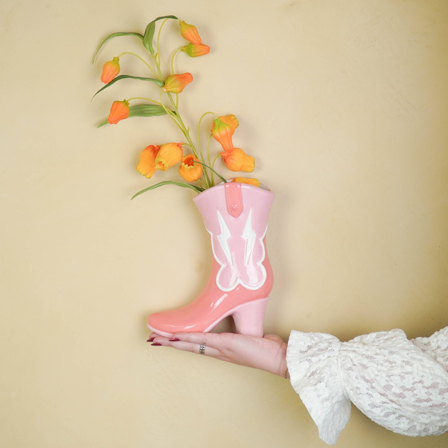 Housevitamin bv - Jarrón de flores - Jarrón bota - Cerámica - Rosa/Naranja - 16,5x10,5x26,5 cm
