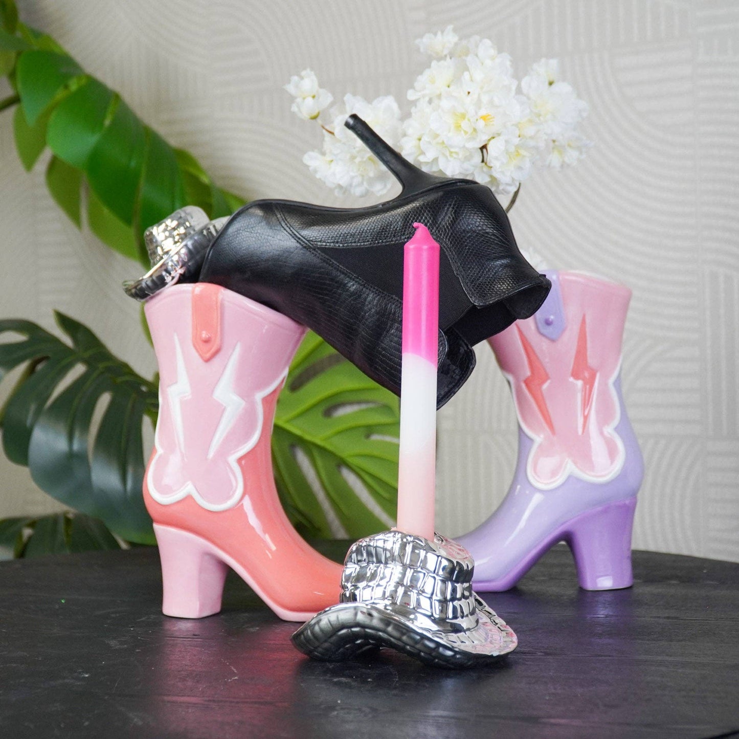Housevitamin bv - Jarrón de flores - Jarrón bota - Cerámica - Rosa/Lila - 16,5x10,5x26,5cm