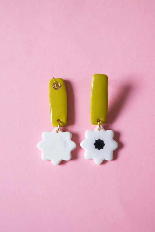 pendientes flor tira blanco-verde