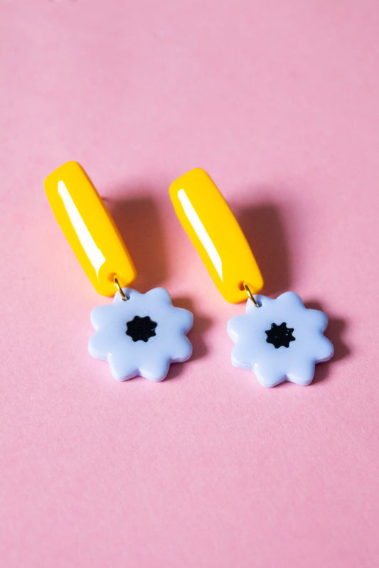 pendientes flor tira azul-amarillo