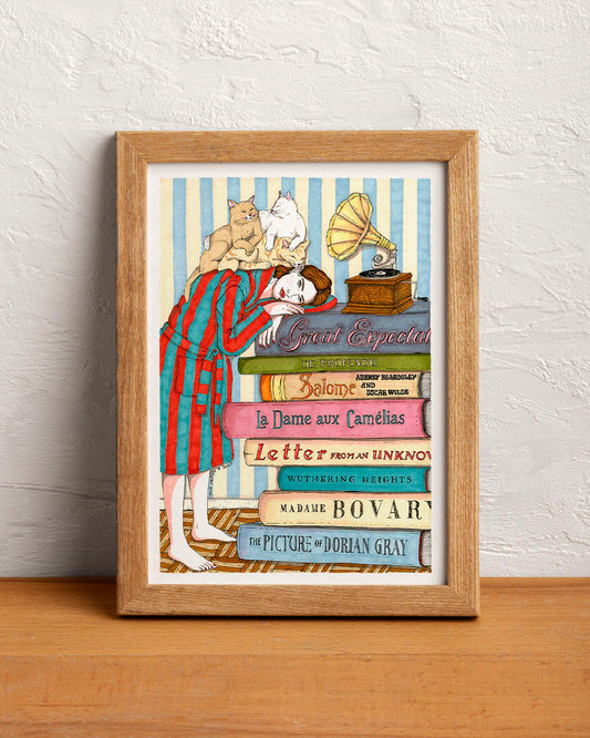 ilustración libros y gatos