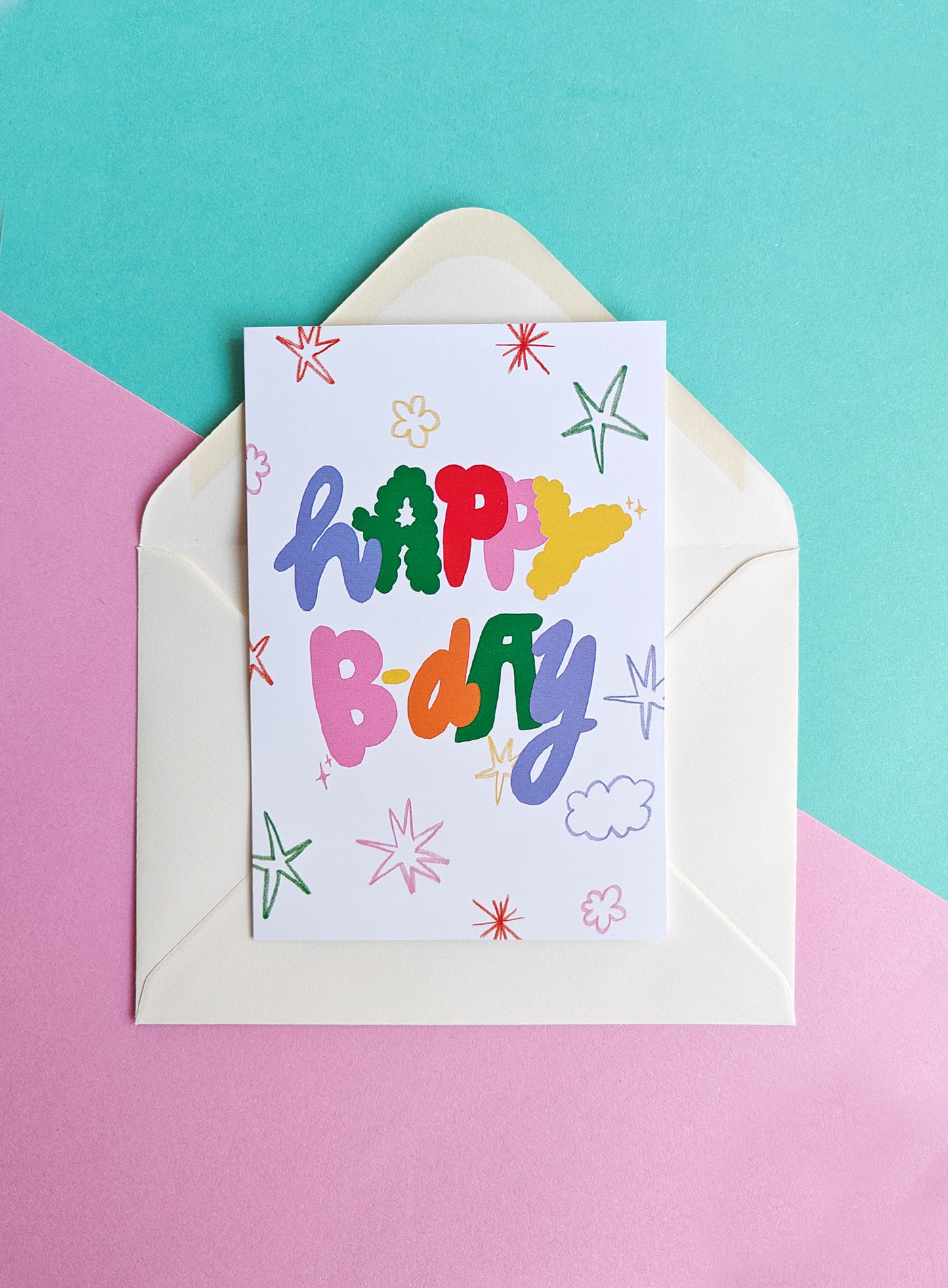 Tarjeta Happy b-day colores – Ilustración original de Laura Ortiz | Leopardo Leopardi Barcelona