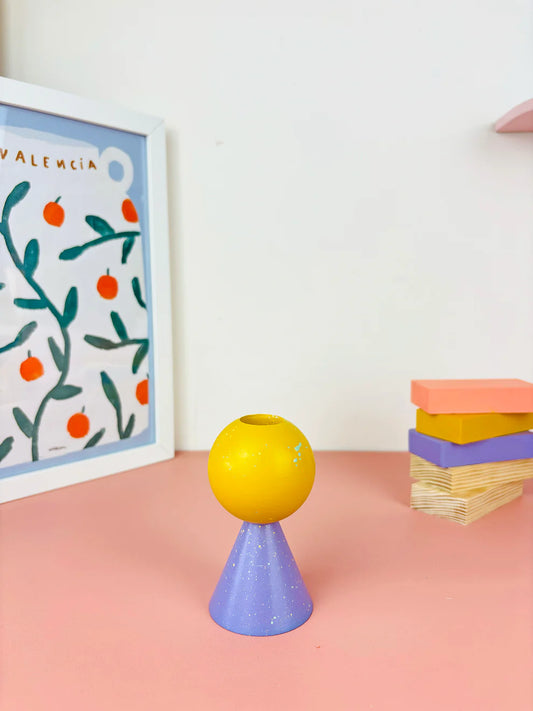 candelabro mini lila y amarillo