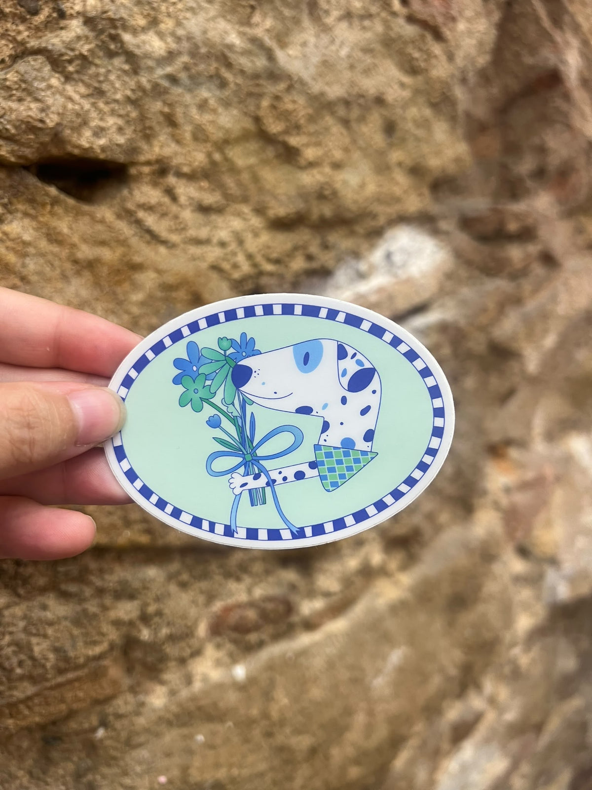 sticker blue dog with flowers
