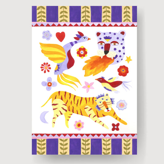 ilustracion aves y felinos