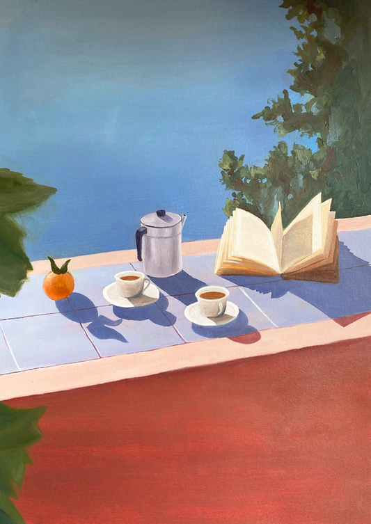 Print balcón con café — ilustración original Ceruleo Barcelona