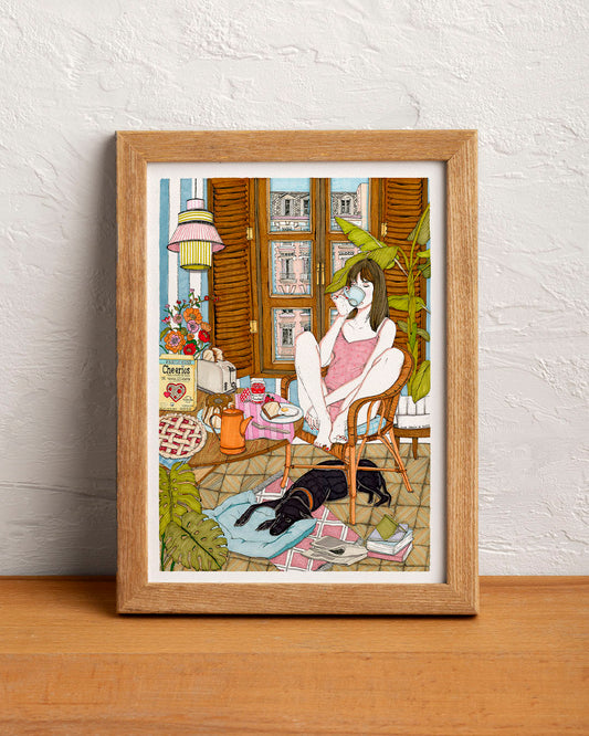 ilustración chica en casa