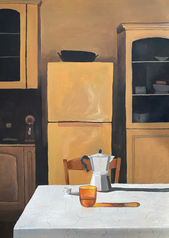 Print cocina naranja con cafetera — ilustración original Ceruleo Barcelona