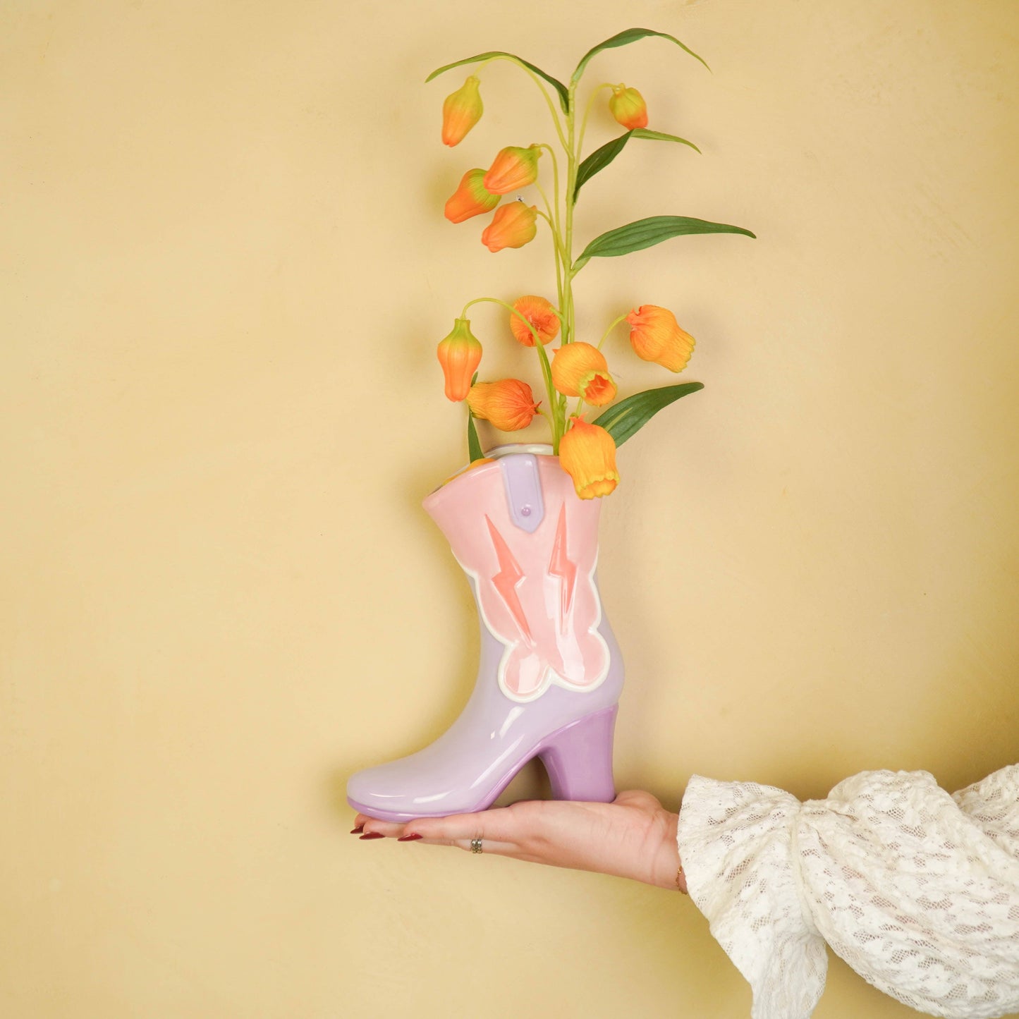 Housevitamin bv - Jarrón de flores - Jarrón bota - Cerámica - Rosa/Lila - 16,5x10,5x26,5cm