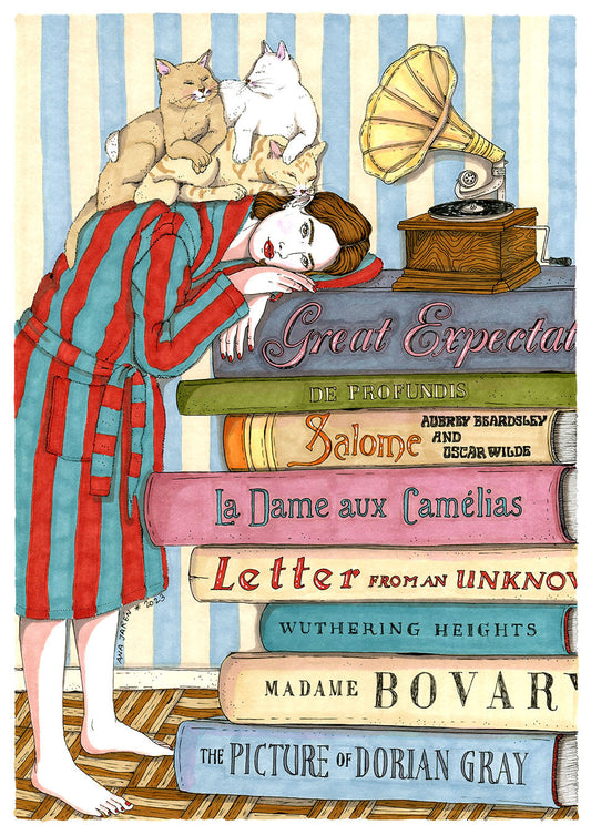 ilustración libros y gatos