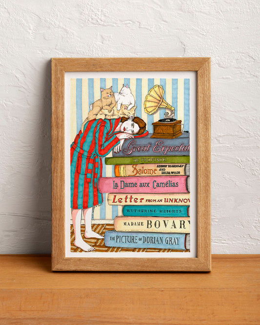 ilustración libros y gatos