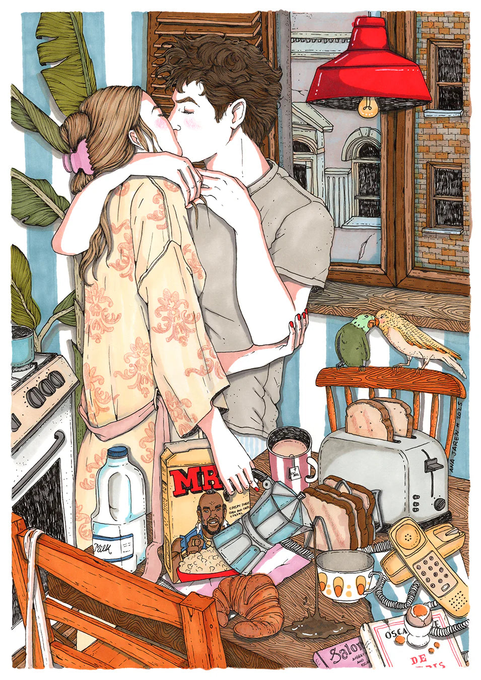 ilustración pareja y desayuno